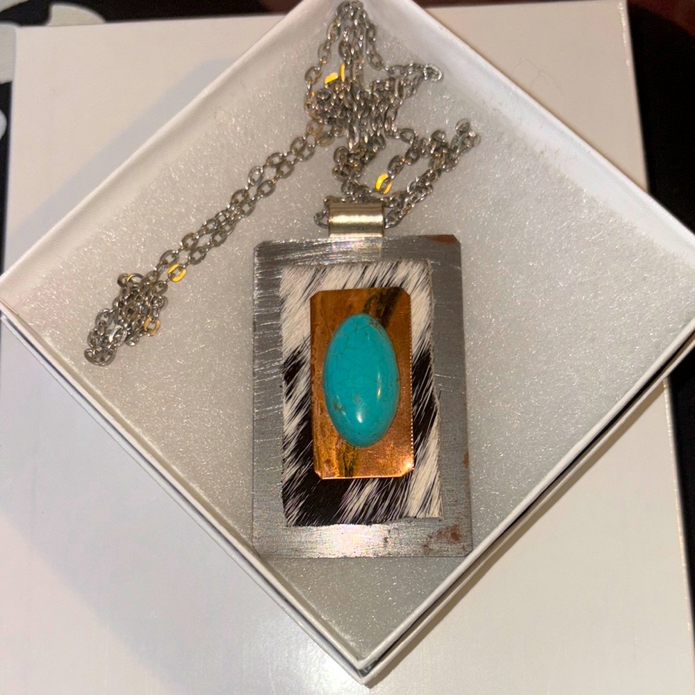 Silver and copper Pendant Necklace with Turquoise Accent